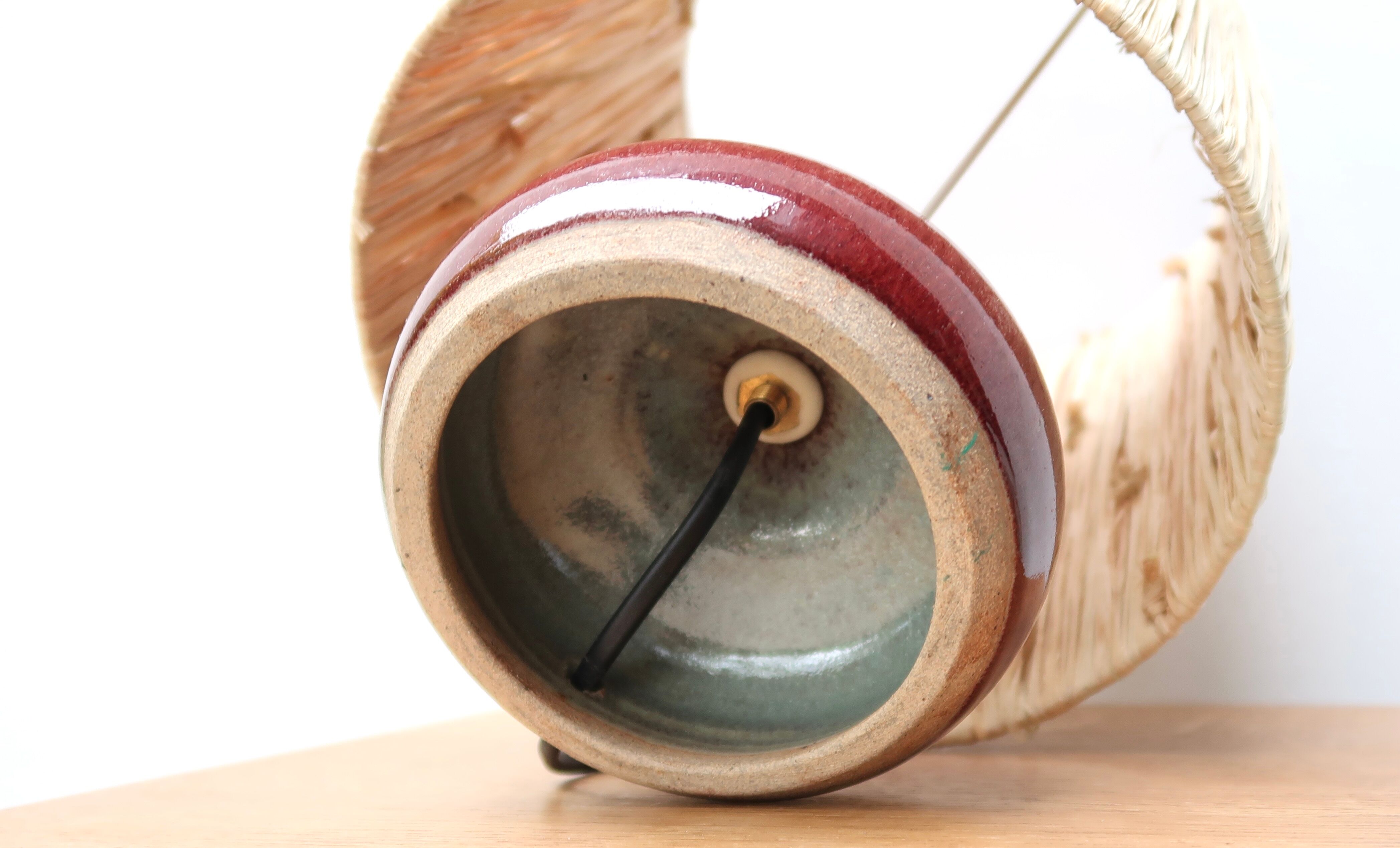 Pink ceramic lamp, raffia lampshade, 70s