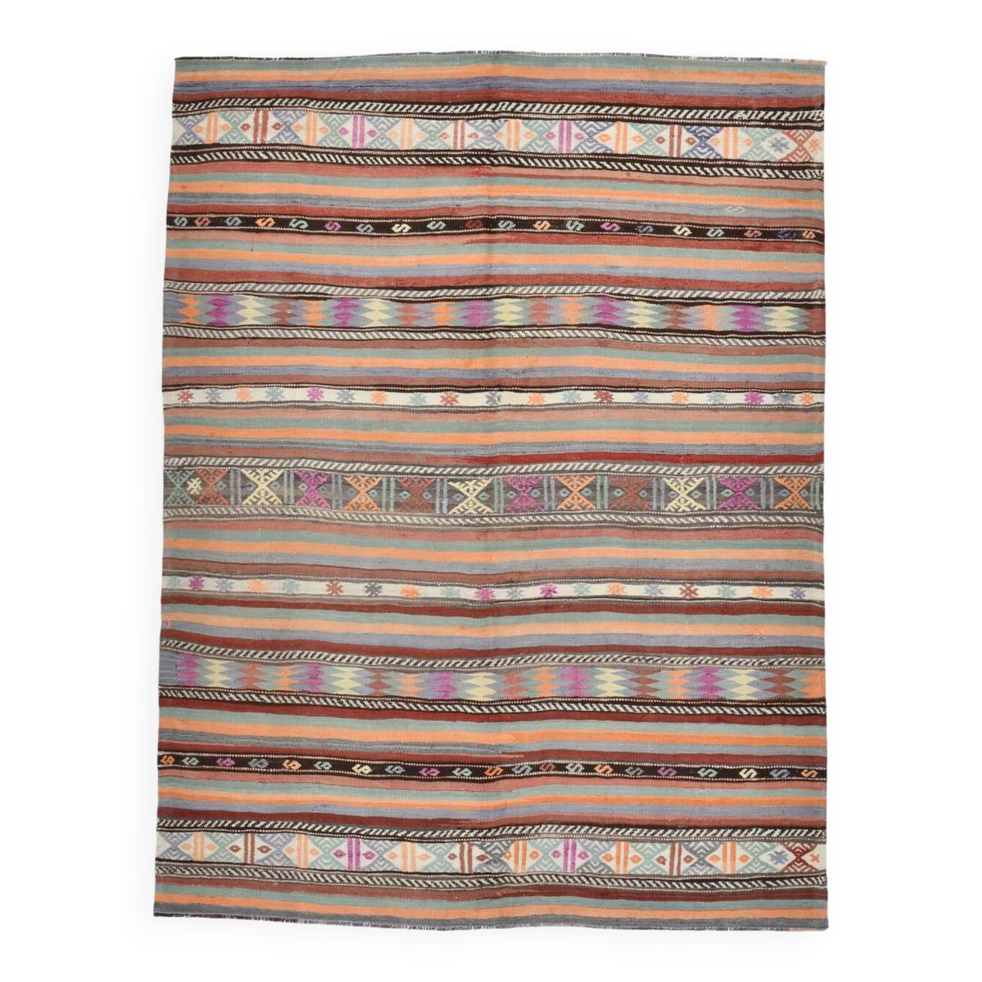 6x8 Ethnic Striped Green & Orange Kilim Rug, 176x230Cm