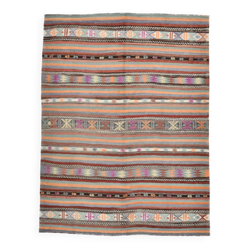 6x8 Ethnic Striped Green & Orange Kilim Rug, 176x230Cm