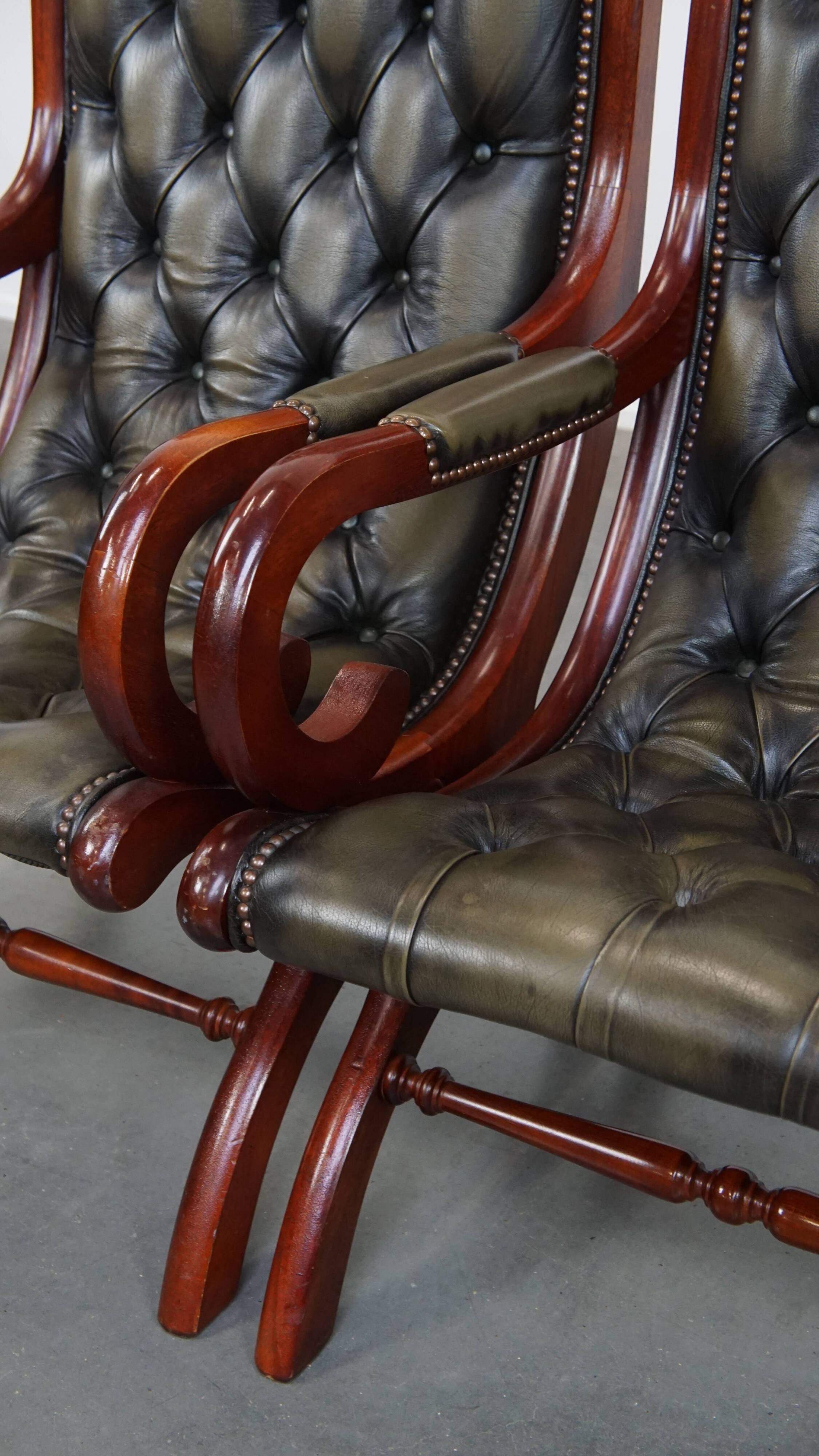 Set of 2 Green Cowhide Leather English Chesterfield Armchairs