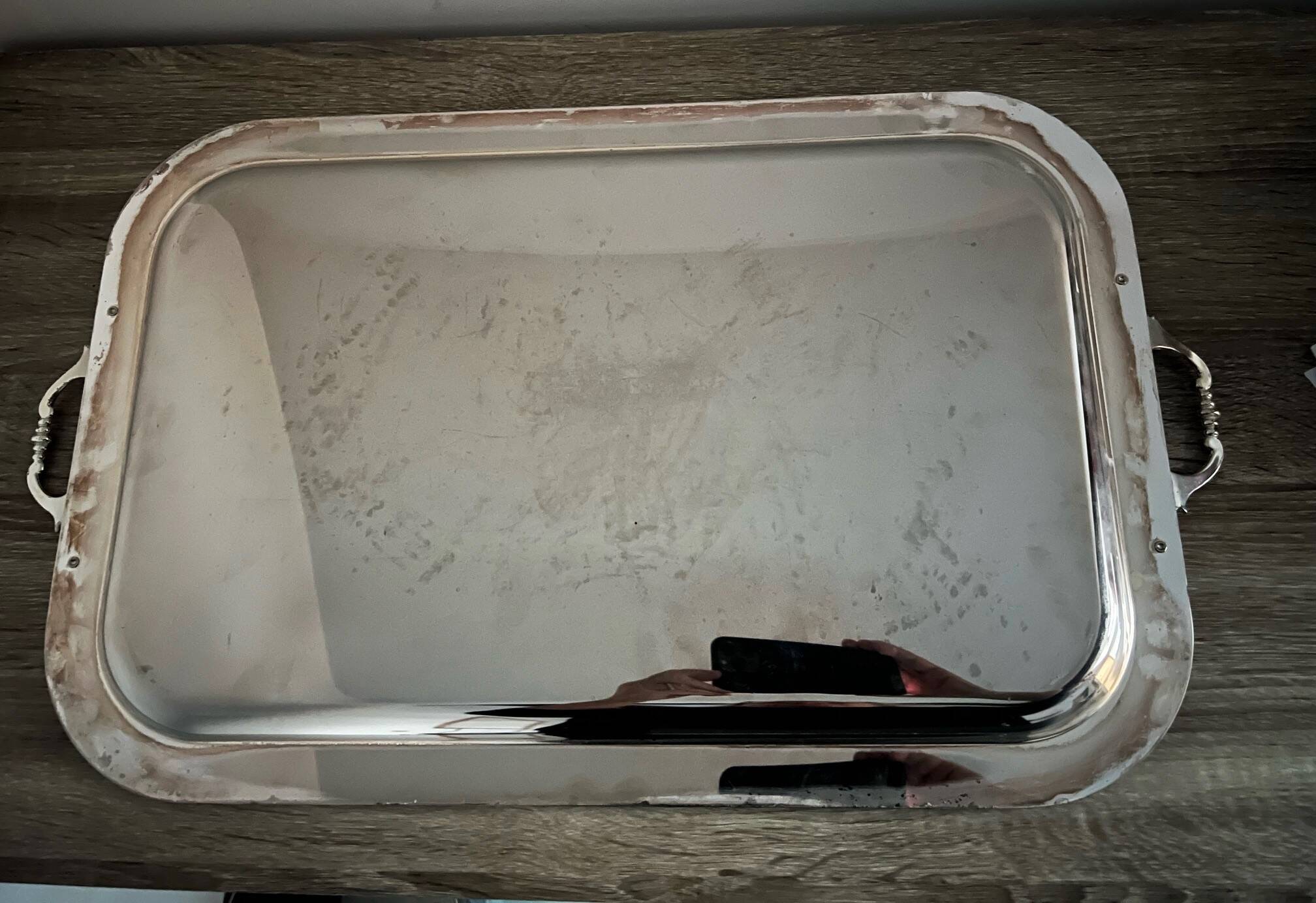 Large old stainless steel tray with stylish handles