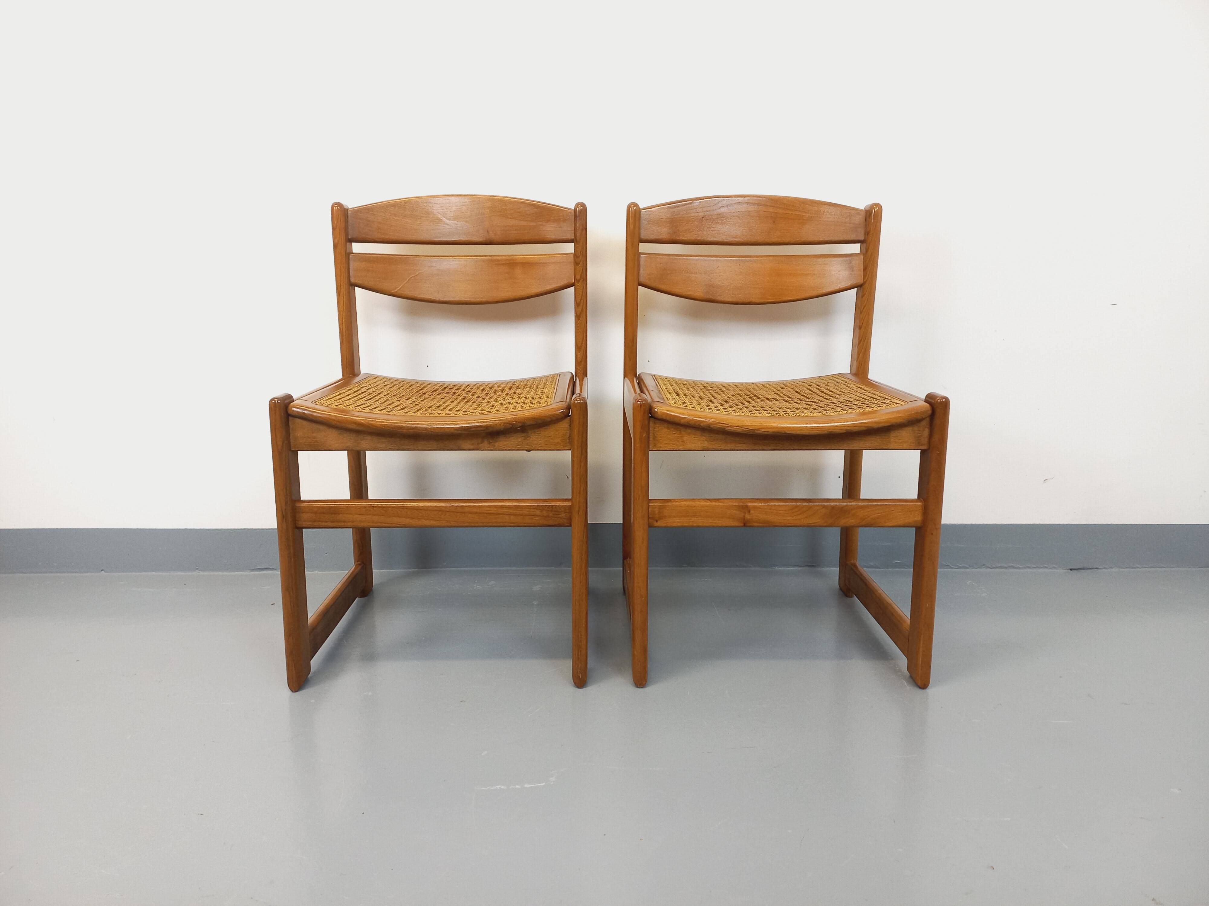 Pair of vintage sleigh chairs in beech wood and cane from the 70s