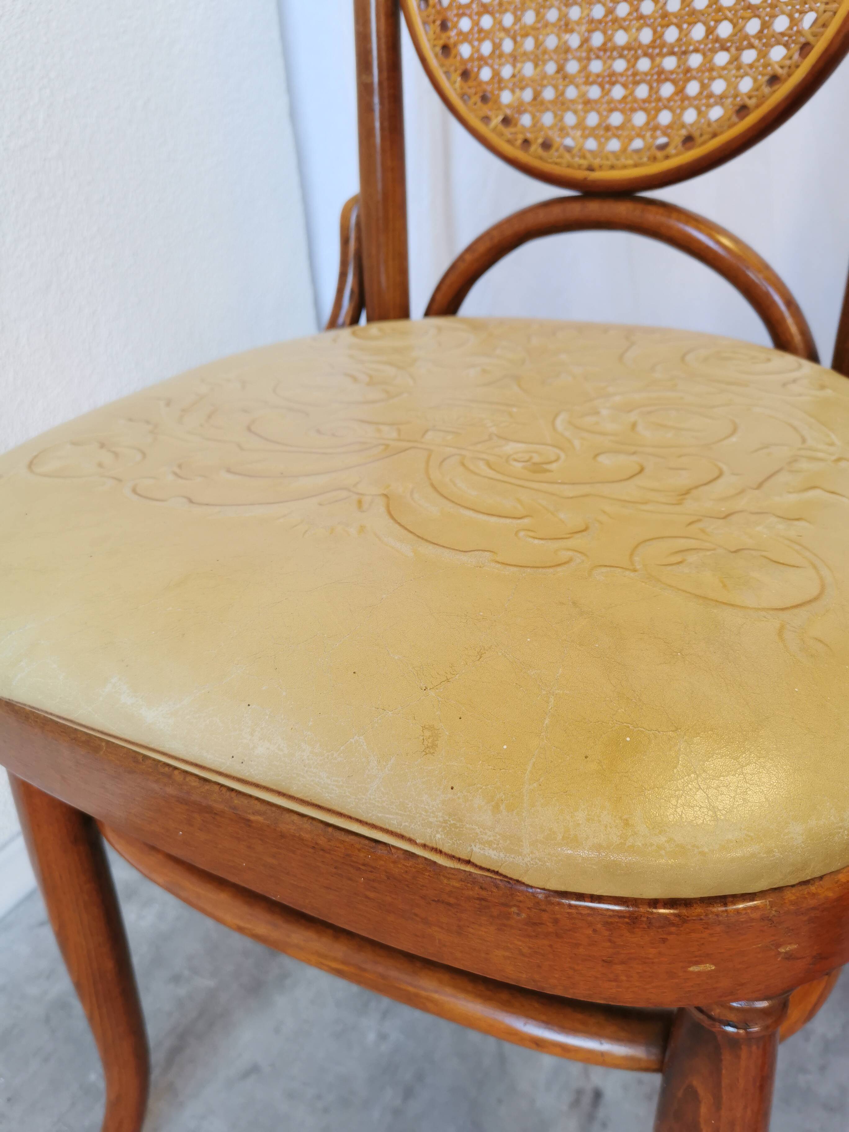 Set of 4 Vintage Bentwood Dining Chairs: Cane Back, Leather Seat, Thonet St