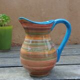 Striped ceramic pitcher, blue handle, Spanish craftsmanship, Ivanros