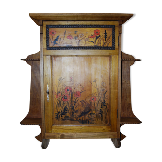 Wall cabinet, pyroengraved art nouveau shelf painted with decoration of flowers and bird