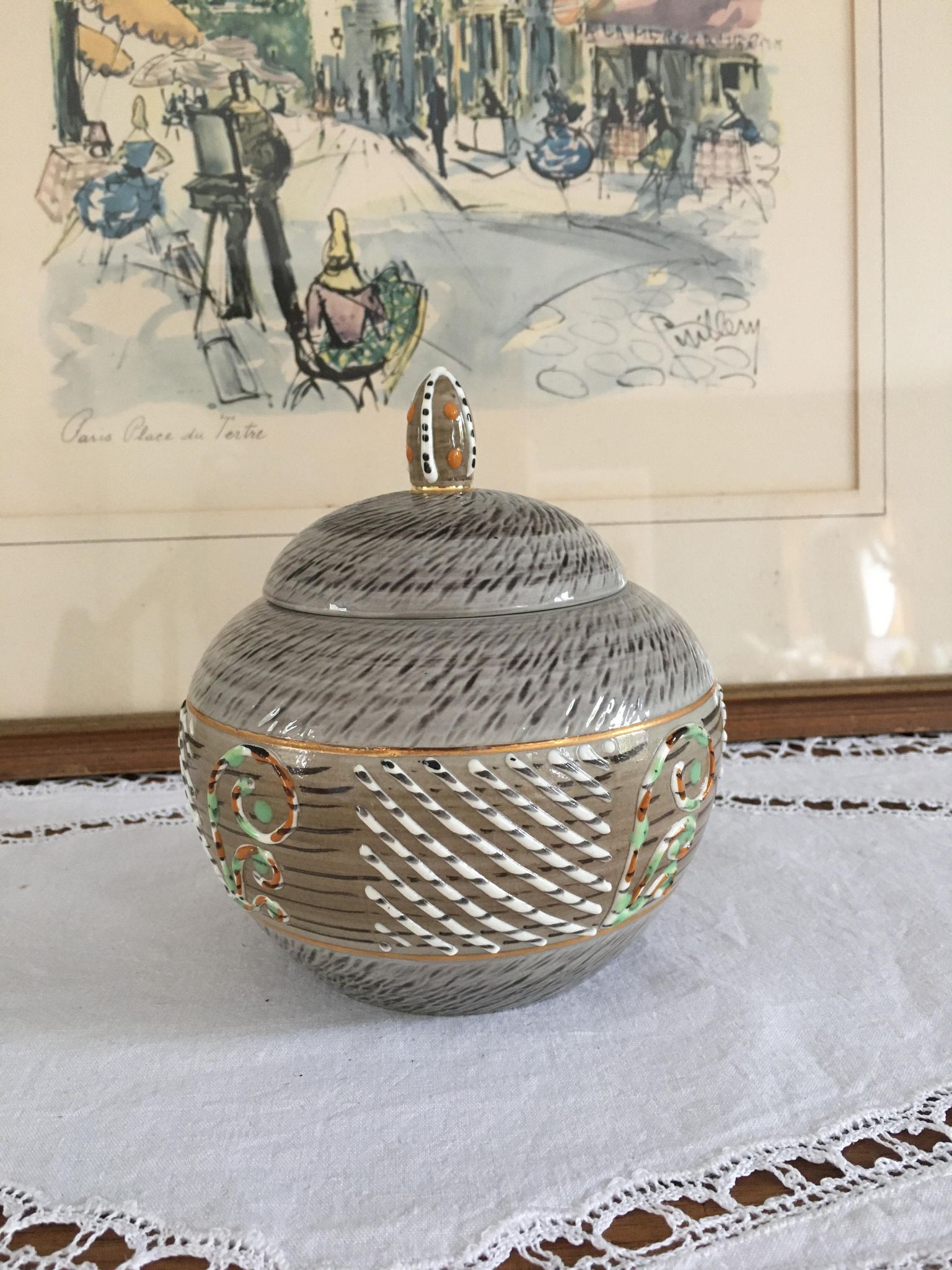 Waillault 1960 speckled stoneware sugar bowl Made in France