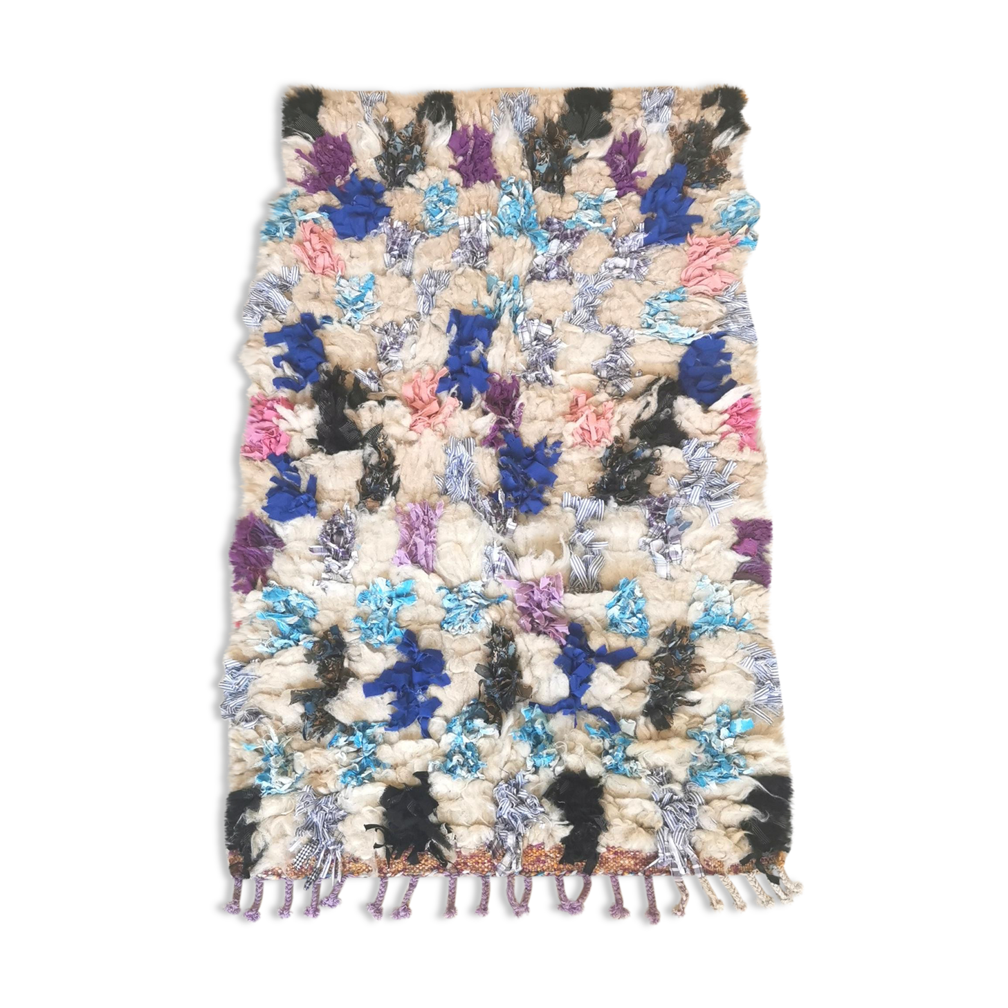 Small reversible colorful Boucherouite Moroccan rug