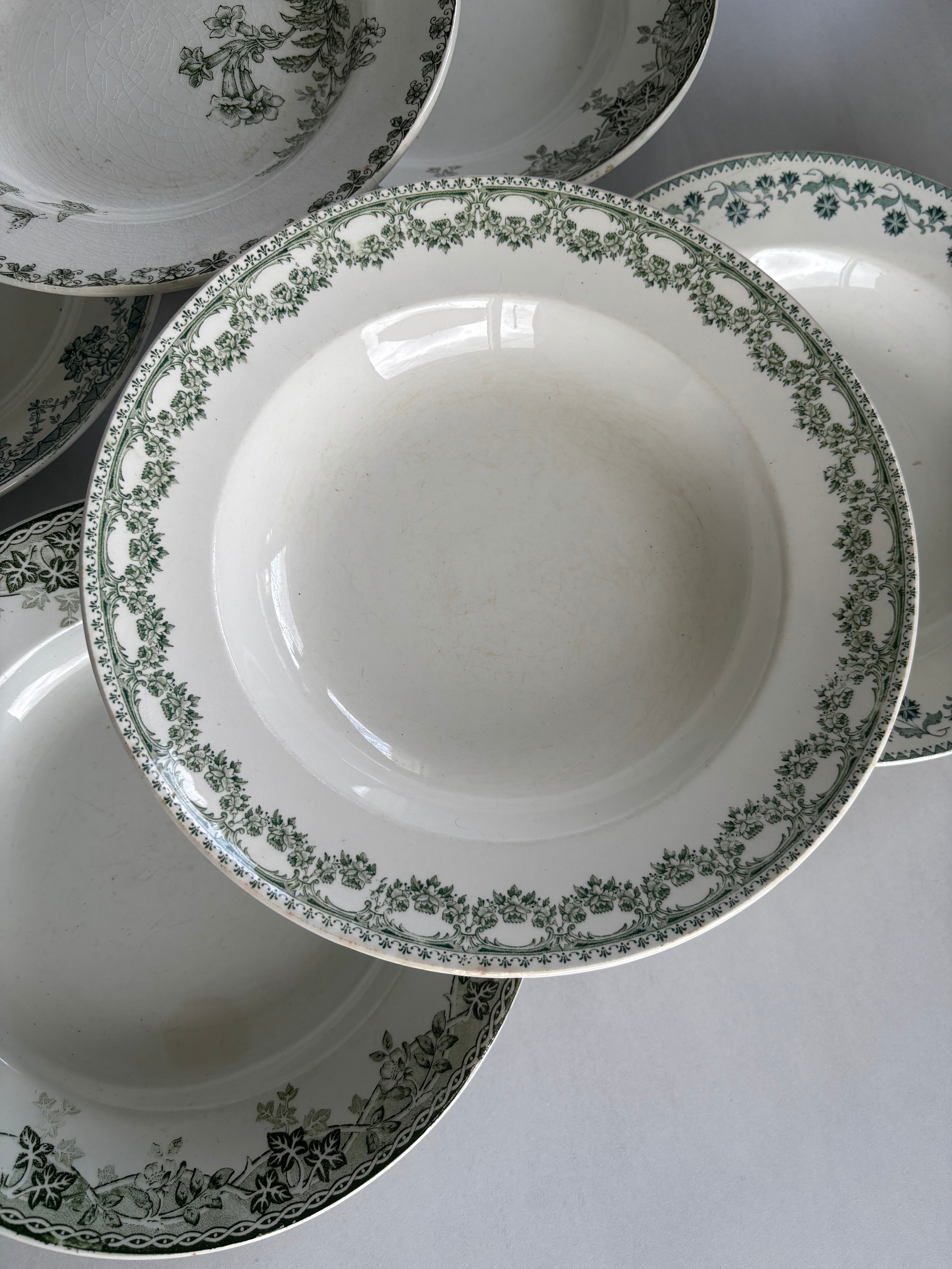 Set of 6 blue and green ironstone deep plates, French earthenware.