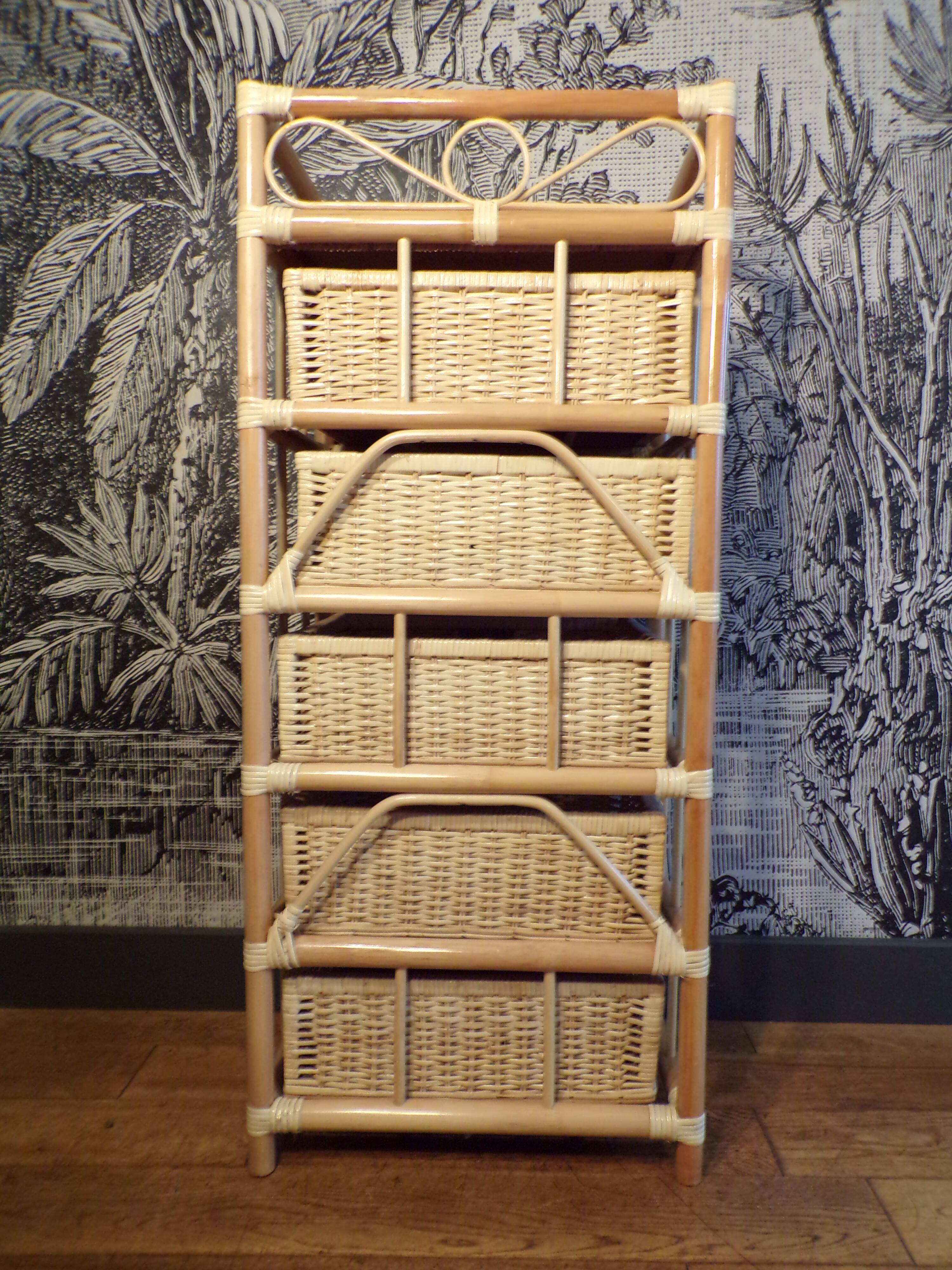 Commode vintage 5 tiroirs en rotin