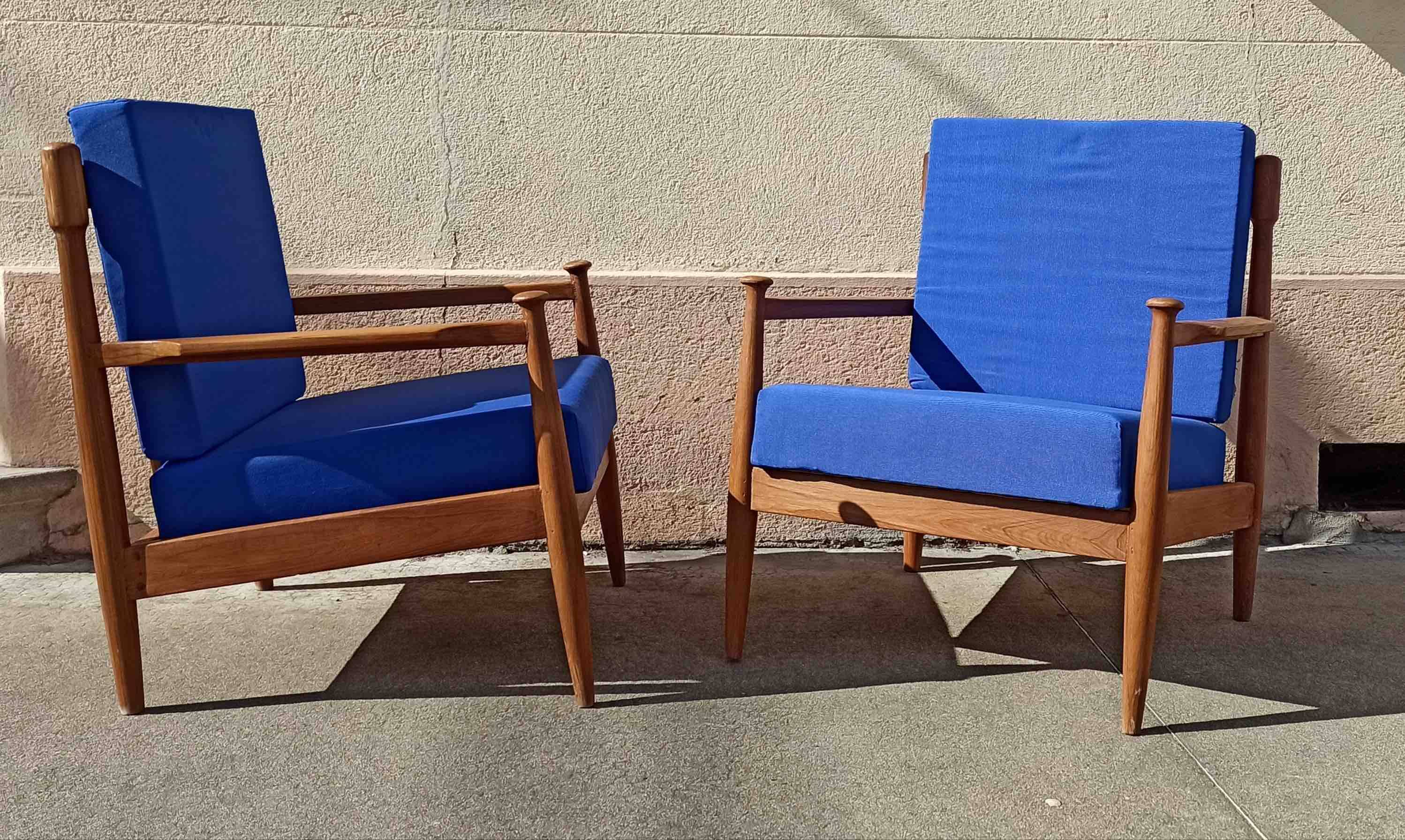 Pair of 1960s Scandinavian armchairs with blue cushions