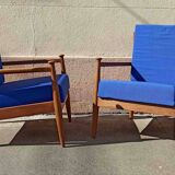 Pair of 1960s Scandinavian armchairs with blue cushions