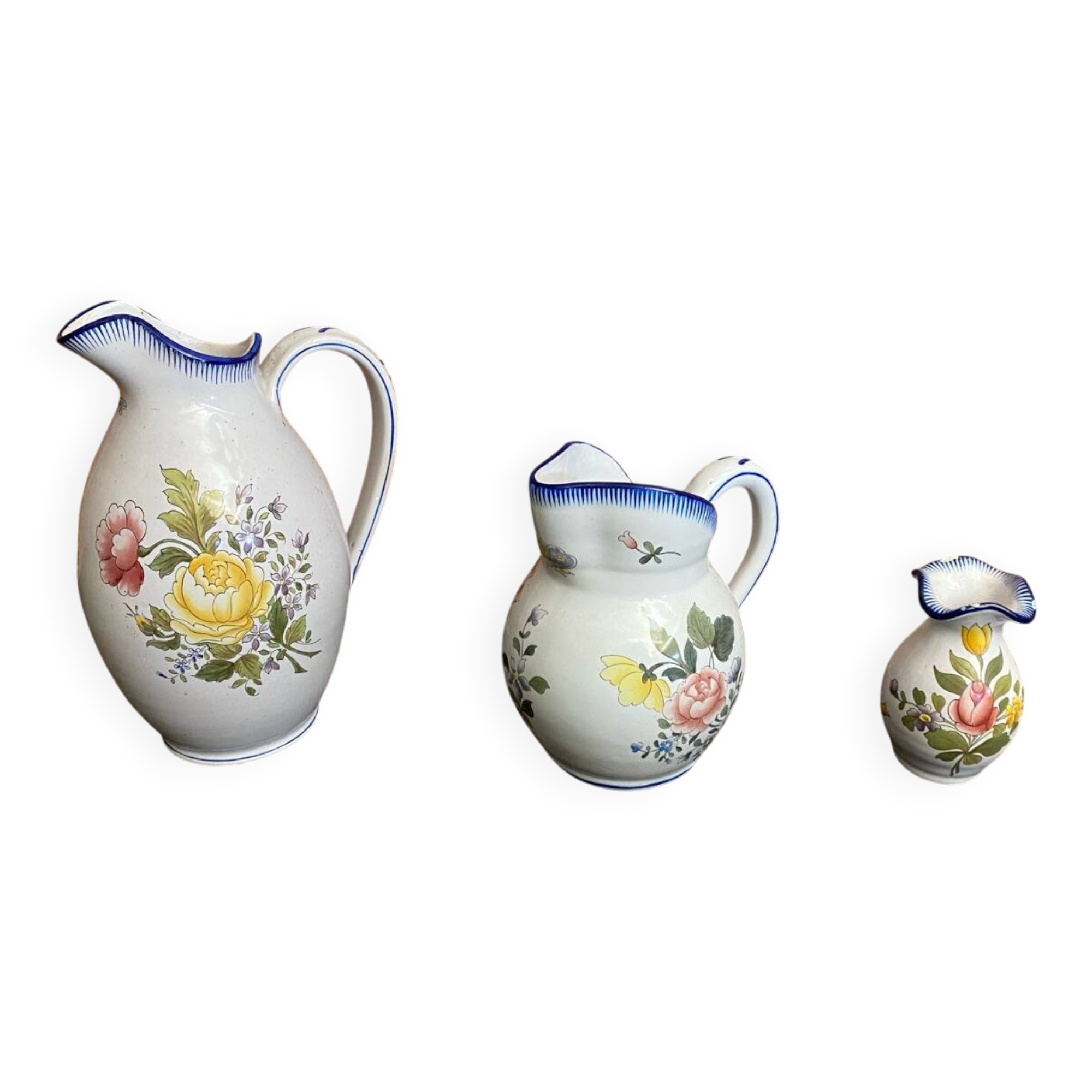 Pair of pitchers + vase charolles vintage painted earthenware