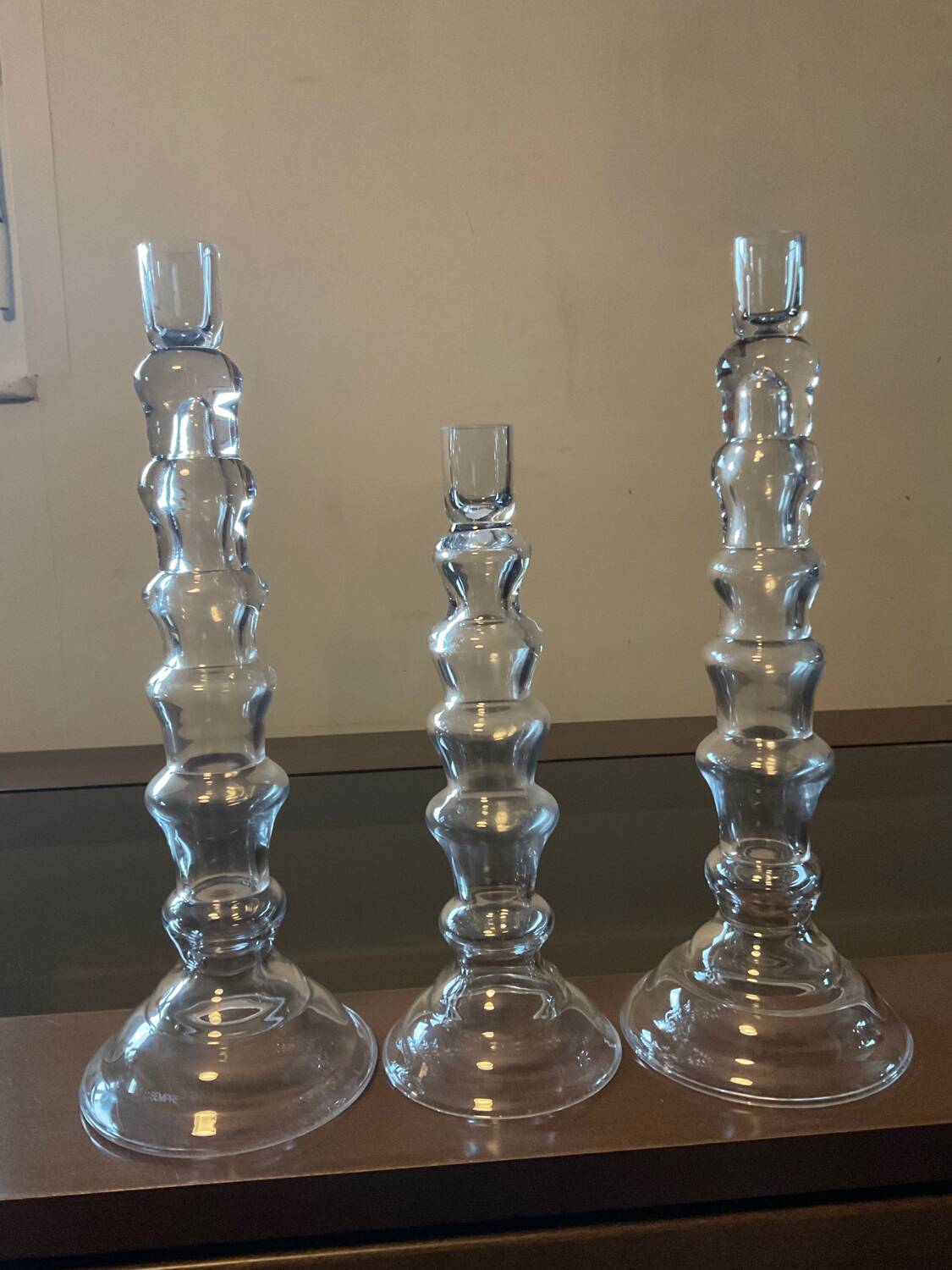 Trio of designer blown glass candle holders