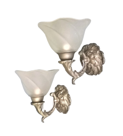 Pair of vintage rococo style sconces in patinated tin and frosted glass - 70's