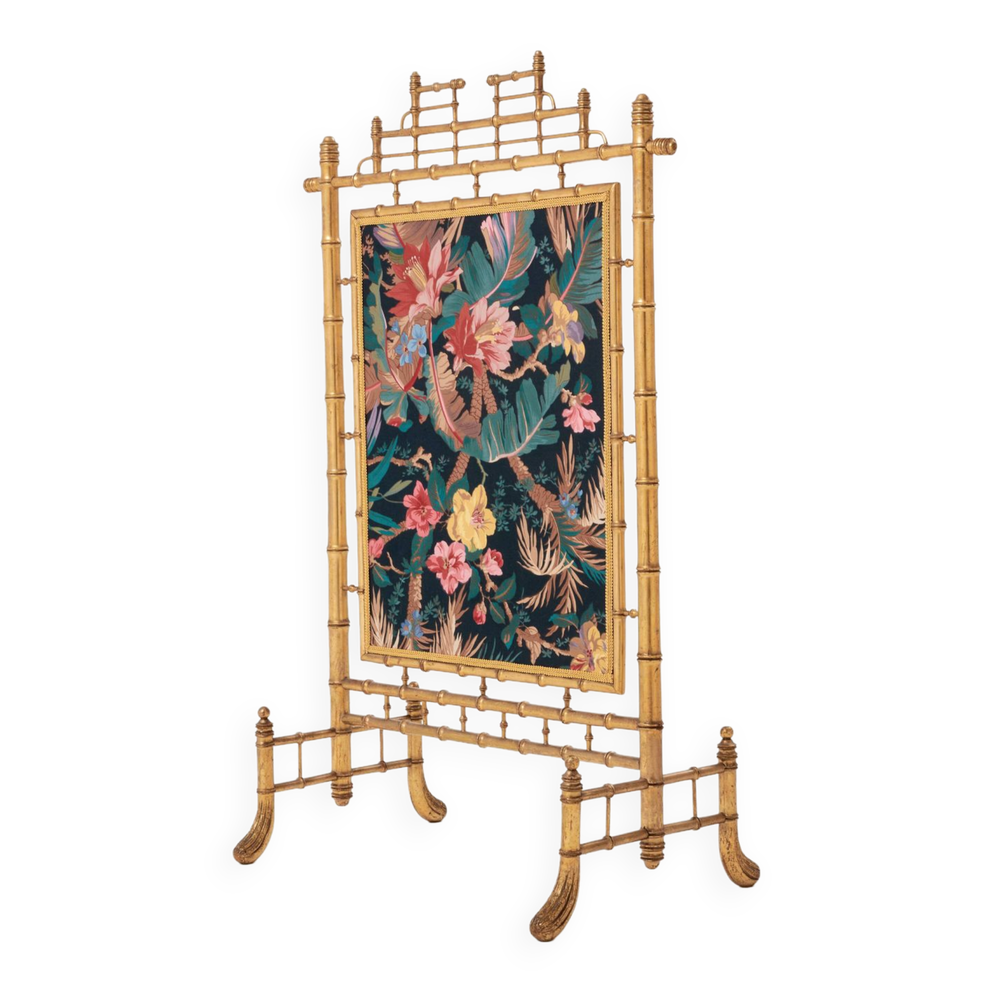 Decorative gilded wood fire screen faDecorative gilded wood fire screen bamboo and silk style 1960s