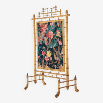 Decorative gilded wood fire screen faDecorative gilded wood fire screen bamboo and silk style 1960s