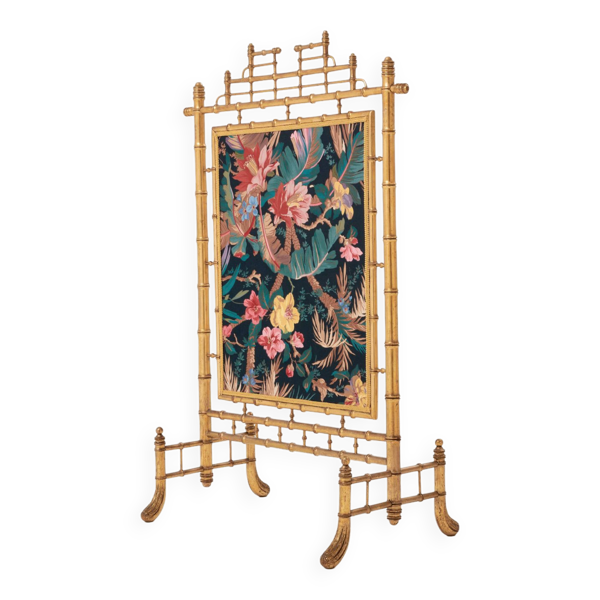Pare feu décoratif bois doré faPare feu décoratif bois doré façon bamçon bambou et soierie années 60