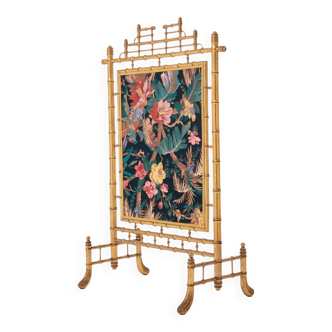 Decorative gilded wood fire screen faDecorative gilded wood fire screen bamboo and silk style 1960s