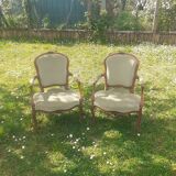 Pair of Rocaille style armchairs in green fabric and walnut, 19th century