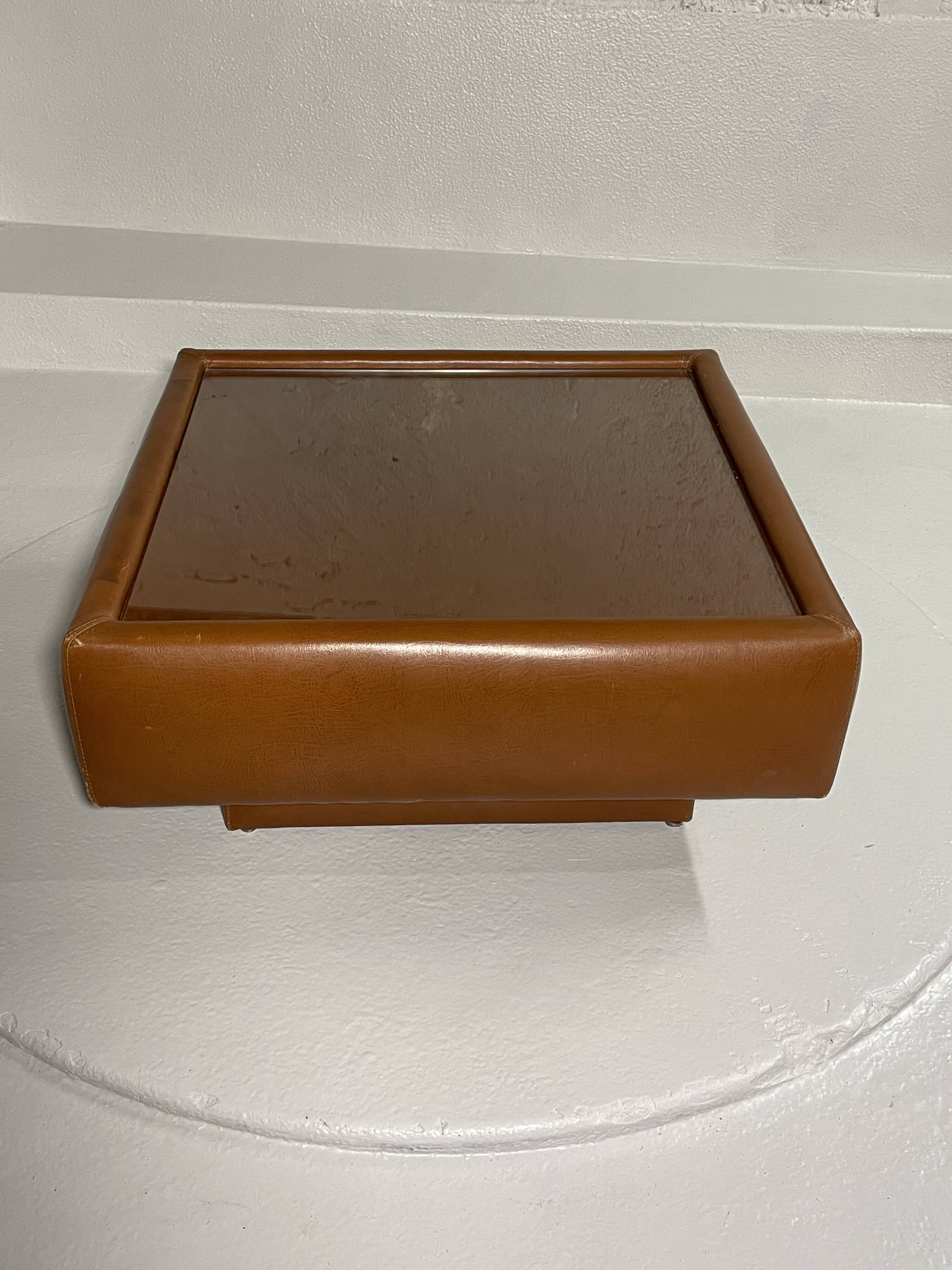 Cognac faux leather & glass coffee table