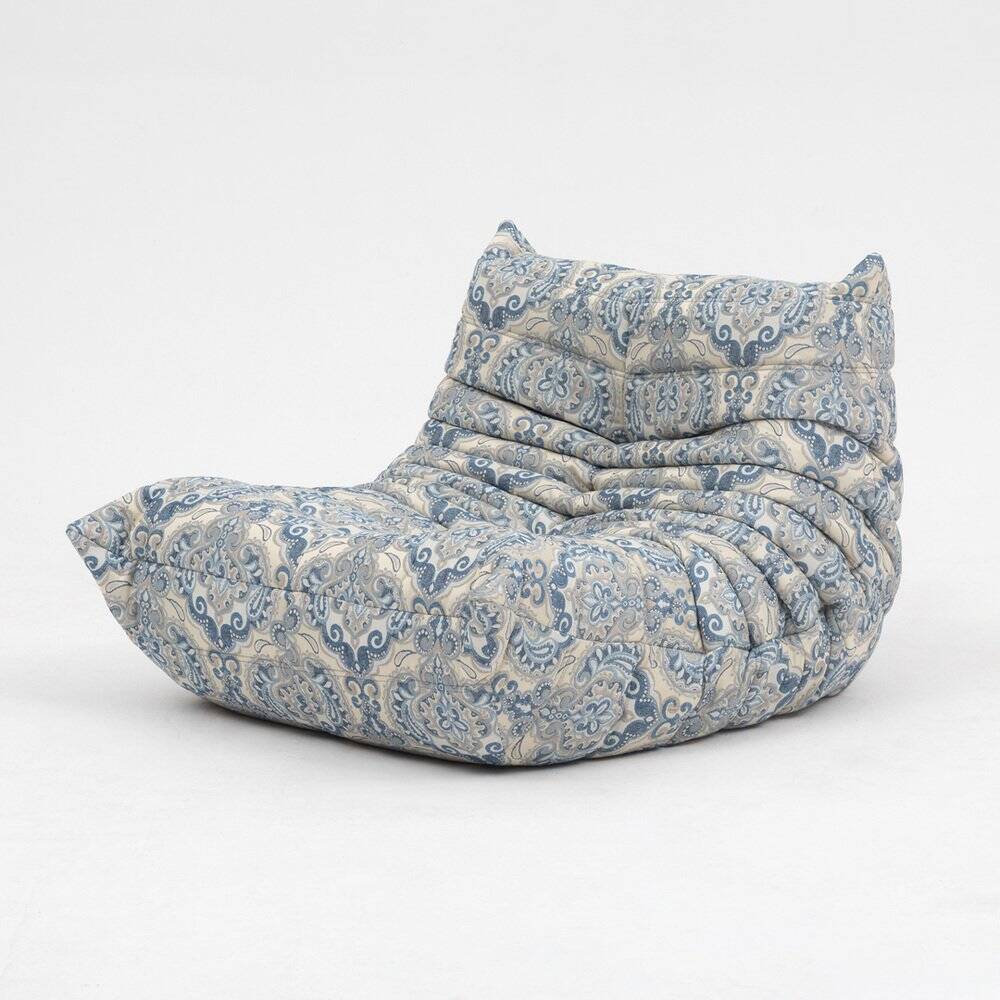 Togo lounge chair and pouf in patterned fabric by Michel Ducaroy for Ligne Roset, 1973, set of 2