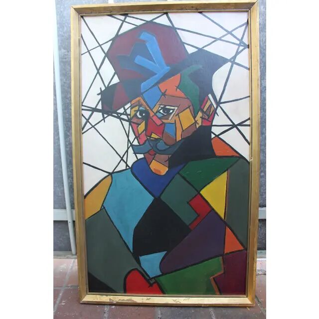 "Man in Hat" Contemporary Cubist Style Figurative Acrylic Painting Framed