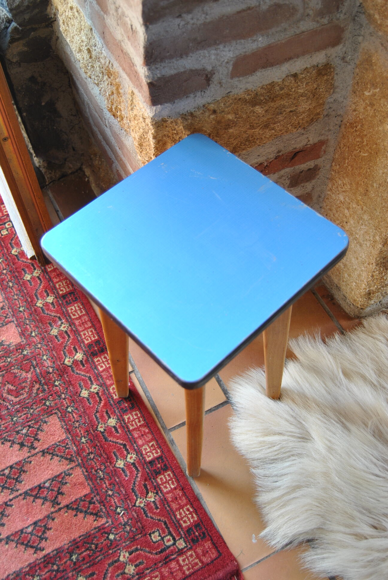 Wooden stool and blue formica - 50s/60s