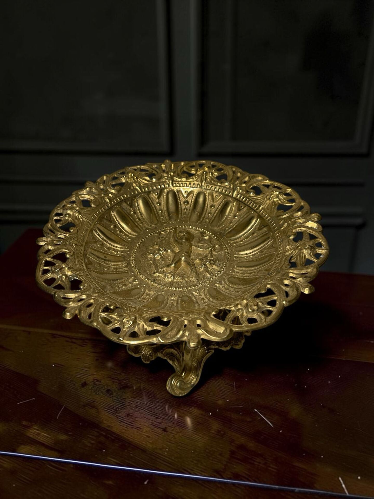 Footed fruit bowl in brass – relief mythological decoration – sty