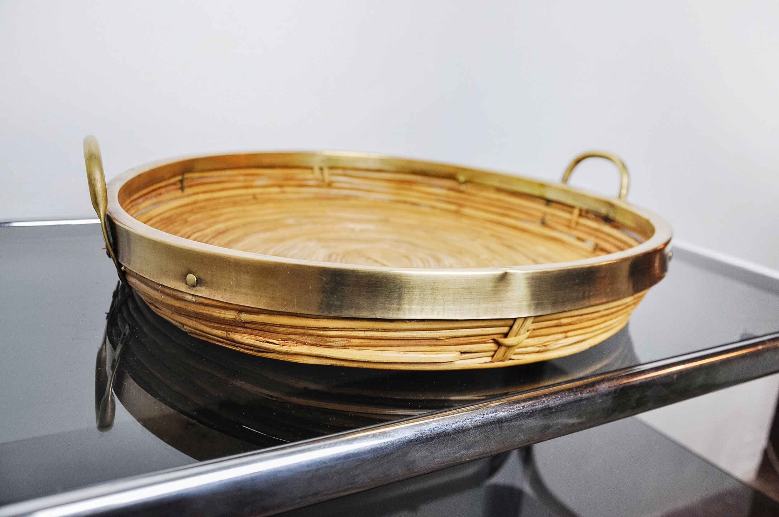 Rattan and brass basket, Italy, 1970