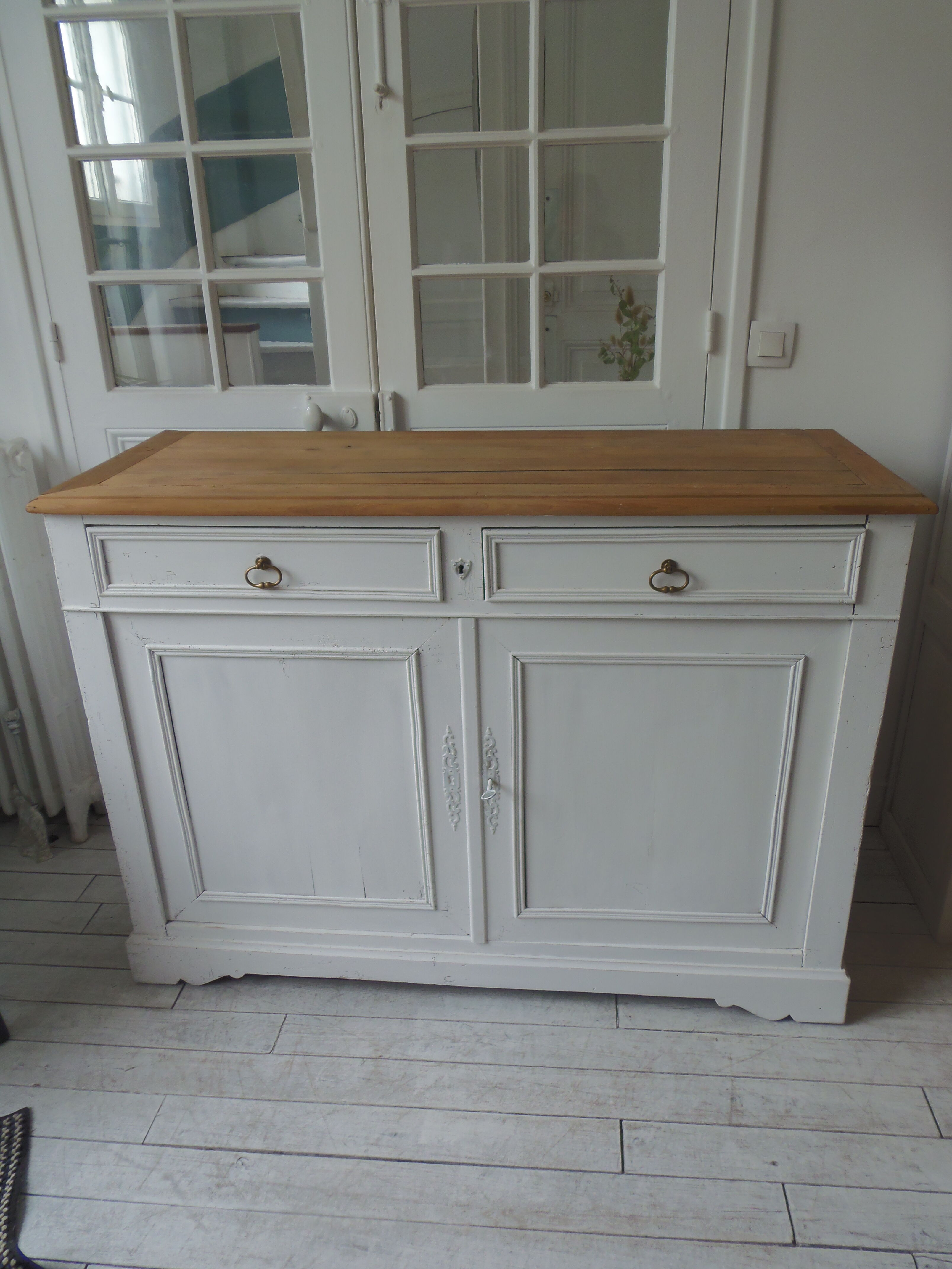 Antique sideboard patinated pearl gray waxed finish, wood top protected by varnish