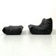 Set of French Togo lounge chair and ottoman in black leather attributed to Michel Ducaroy for Ligne Roset, 1970s
