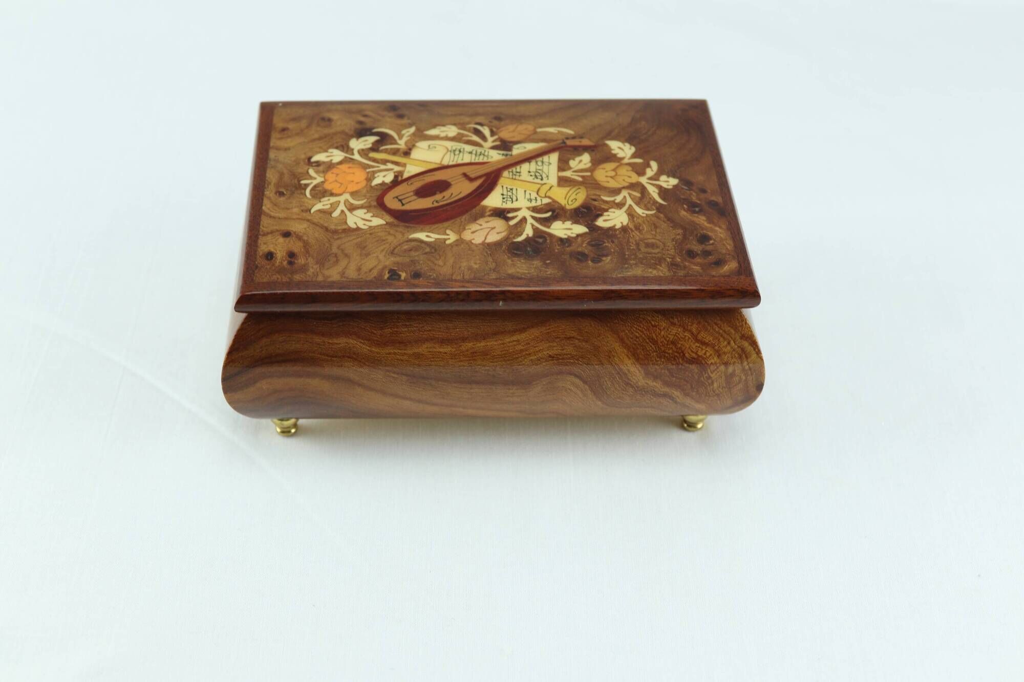 Vintage musical jewelry box in inlaid wood