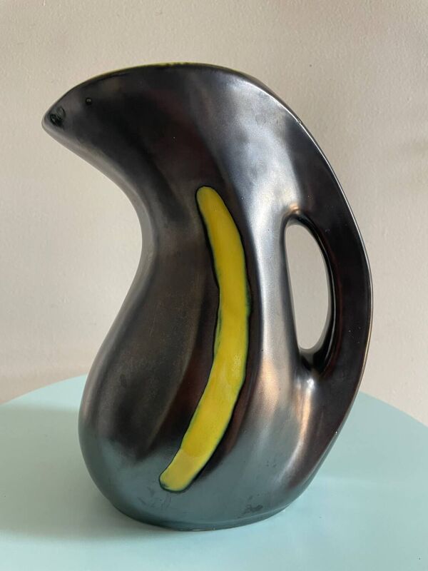 Pichet vintage Vallauris en céramique noire et jaune – Années 50/60