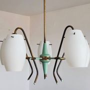 Opaline glass and brass chandelier mid-century Stilux Milano 1950s