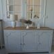 Vintage low sideboard with 3 doors, pearl gray patina, wooden top.