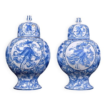 Émile Teissier in Malicorne. Pair of earthenware vases with blue and white decoration.