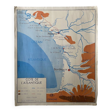 Vintage school map 1950 double-sided "Atlantic and Mediterranean Coasts"