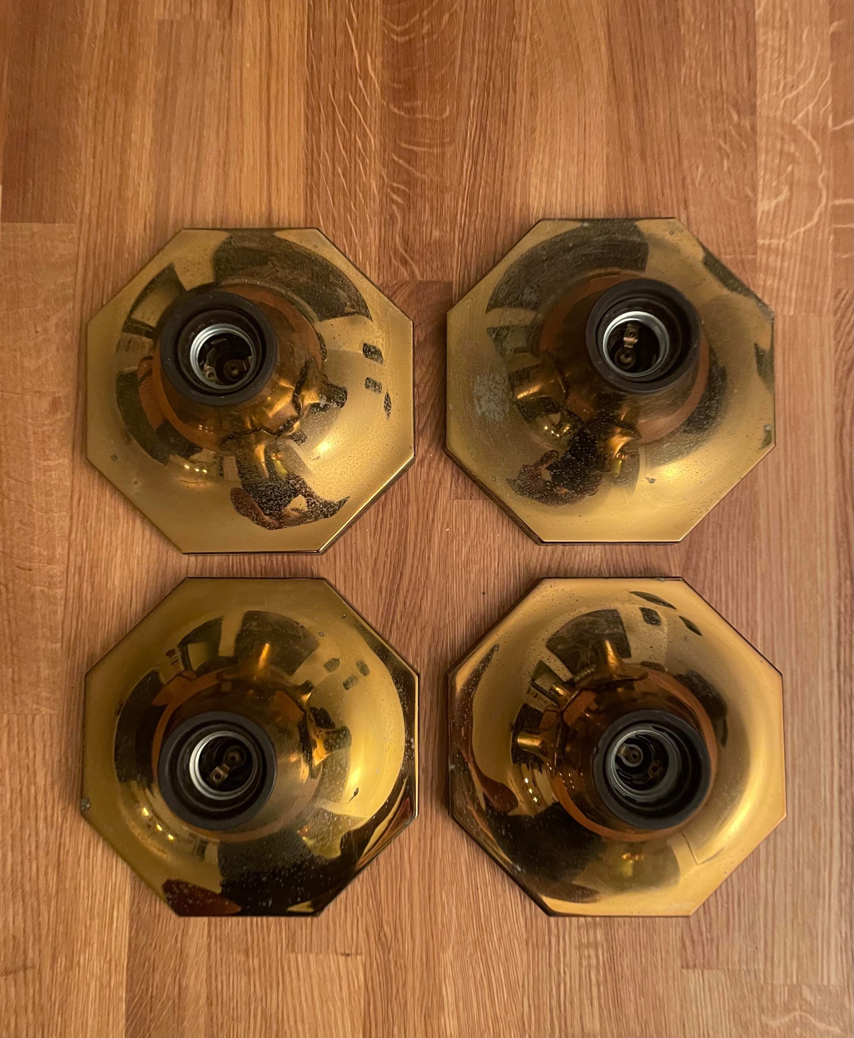 Suite of 4 vintage brass wall lamps, ceiling lights, by Motoko Ishii for Staff Leuchten 1970