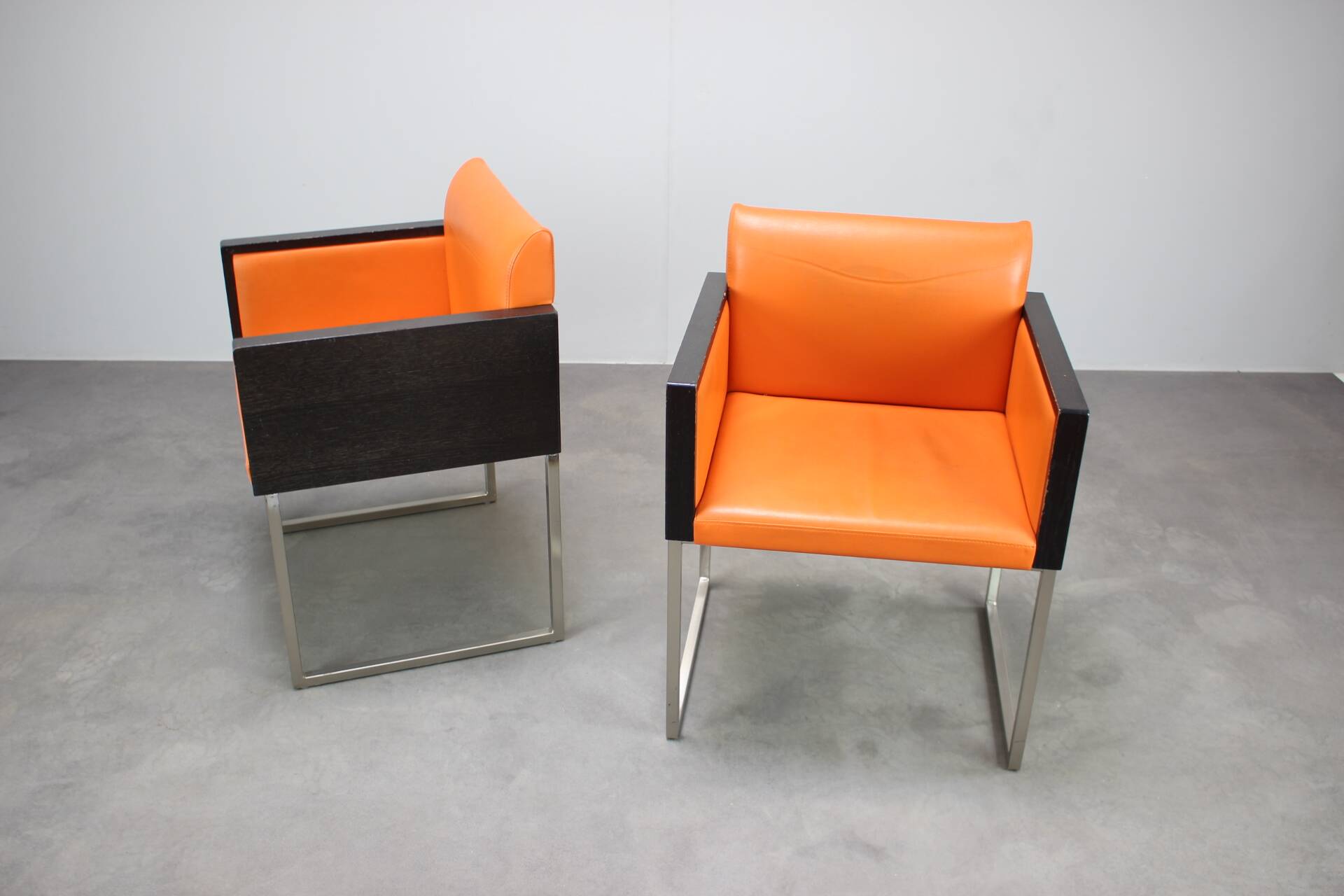 Pair of BOX 740 armchairs by Pedrali, Italy, Wenge Wood and Orange Fabric.