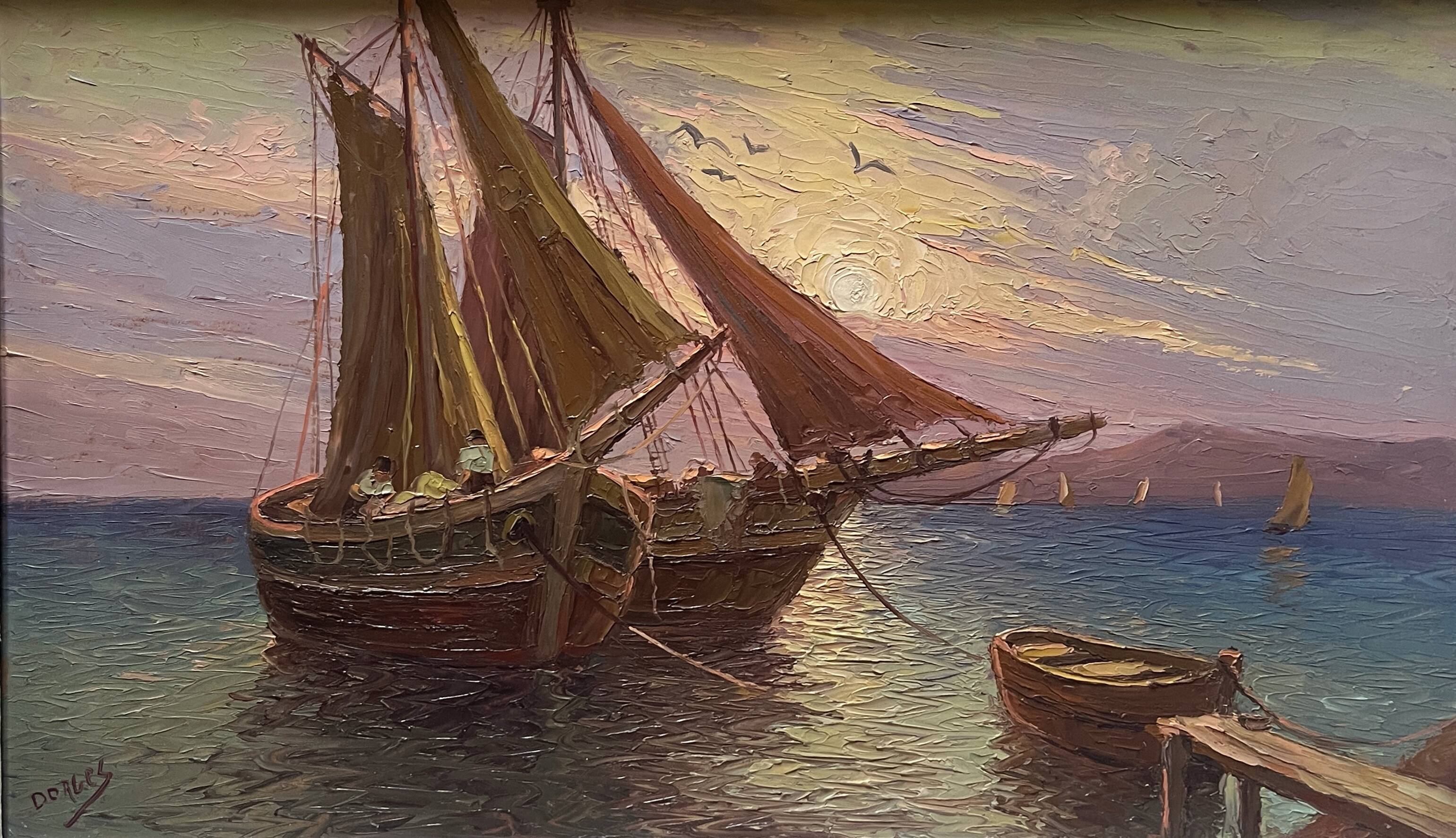 Tableau HSP "Mediterranean Sea" sailing boats in the port signed Dorges