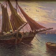 Tableau HSP "Mediterranean Sea" sailing boats in the port signed Dorges