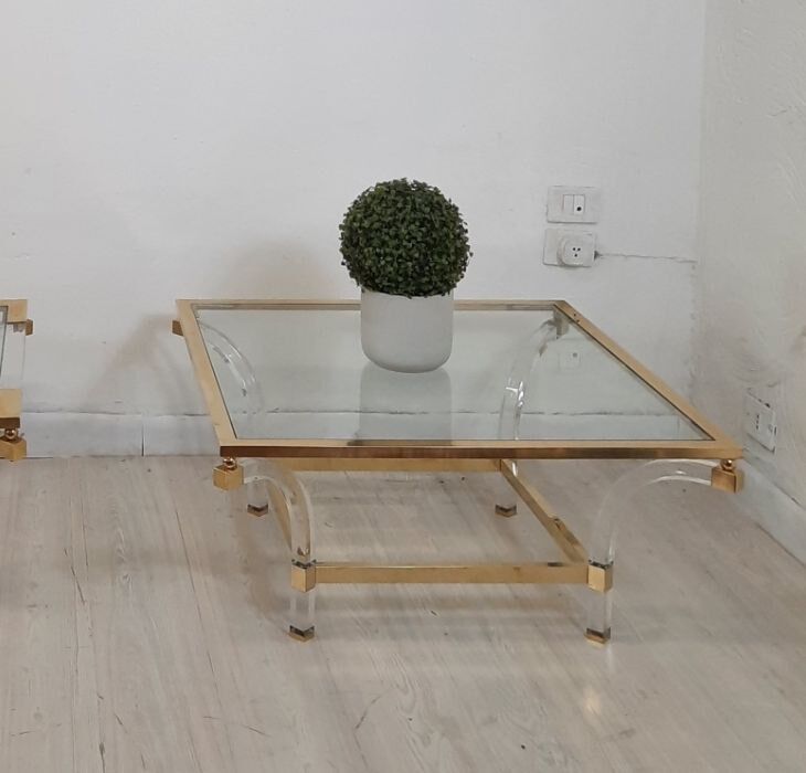 Square coffee table, lucite, brass and glass, Hollywood Regency