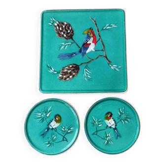 Old coaster Longwy Glass Coaster Bird decor