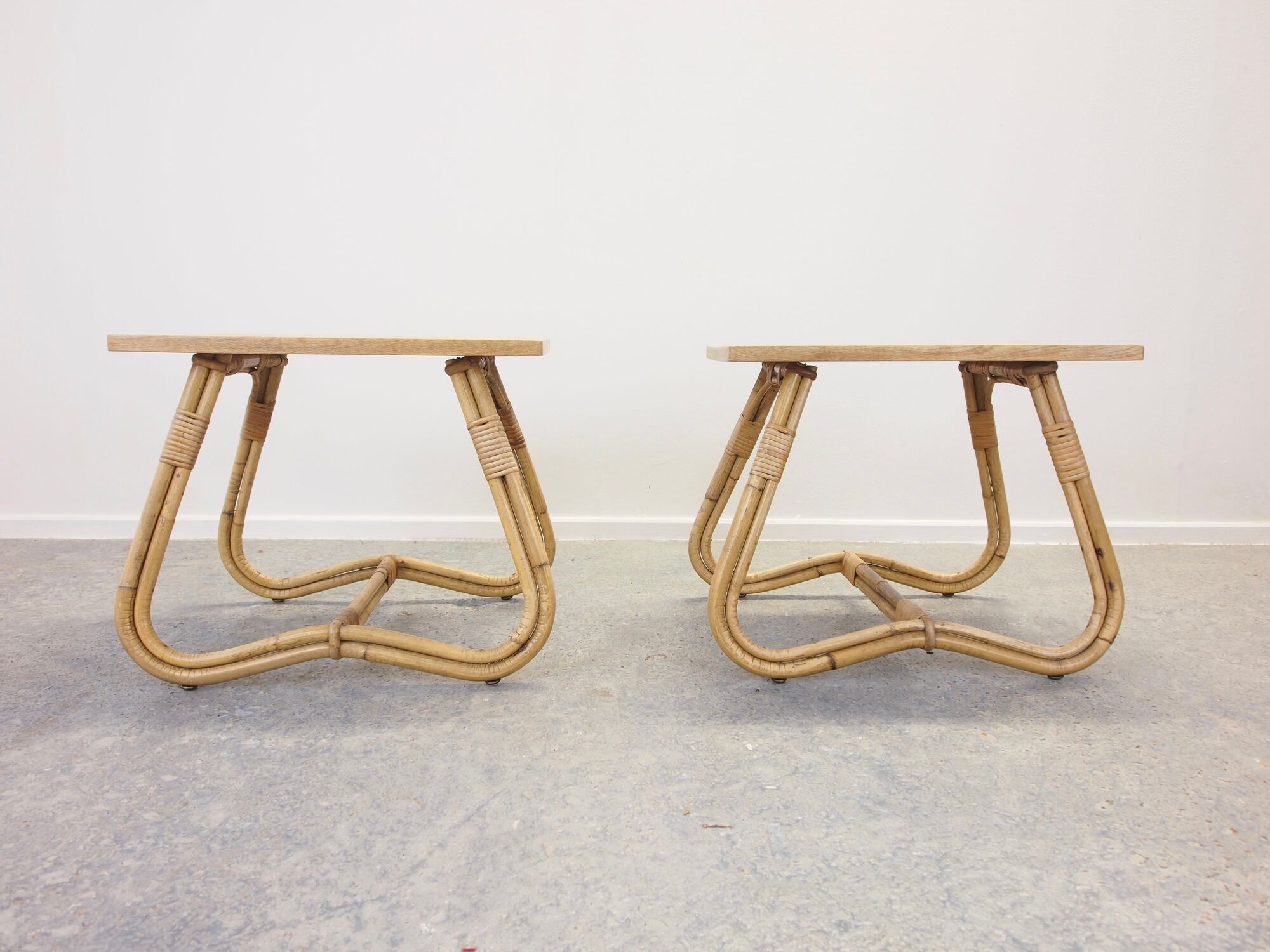 Mid century vintage rattan Dutch pair of side tables bedside tables