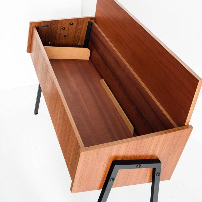 Vintage teak and lacquered iron console table. Scandinavian style. France, 1960s