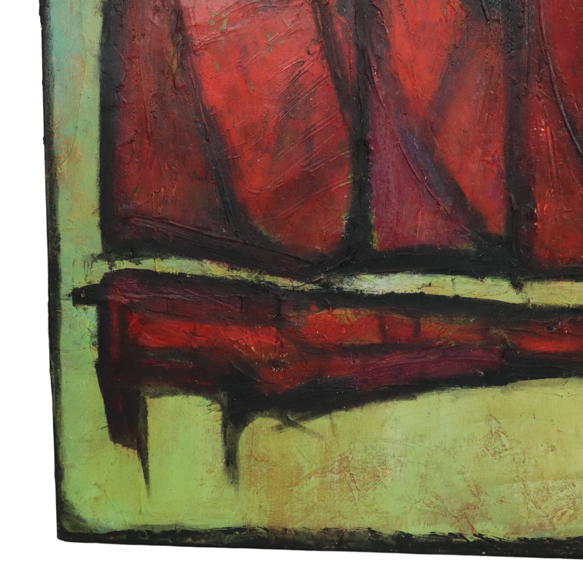 Abstract Boat Art Oil On Canvas XL Huge Painting Signed 146x114cm