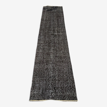 Distressed turkish narrow runner 290 x 60 cm wool vintage rug, overdyed black