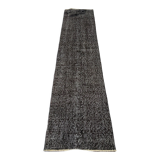 Distressed turkish narrow runner 290 x 60 cm wool vintage rug, overdyed black