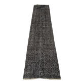 Distressed turkish narrow runner 290 x 60 cm wool vintage rug, overdyed black