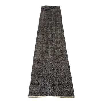 Distressed turkish narrow runner 290 x 60 cm wool vintage rug, overdyed black